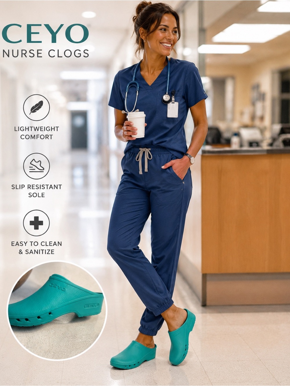 CEYO MediClogs 9870 Nurse Clogs Slip Resistant Comfort Shoes Teal EU 37-38 US 6-